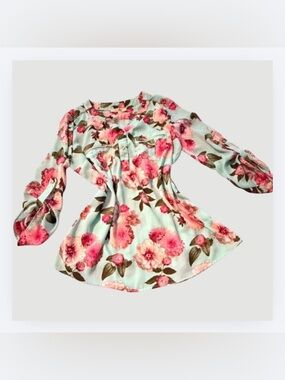 Wishful Park Mint Floral Blouse, Zipper Accents, Roll-Tab Sleeves Size XL